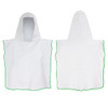 A white hooded towel with green trim, featuring a hooded design for kids. Includes branding on the label.