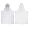 A white hooded towel featuring a blue trim, designed for children. The towel has a hood and a simple, functional shape.