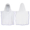 A white hooded towel featuring a simple design with blue trim. It has a large hood and is suitable for kids.