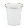 A white enamel tumbler with a stainless steel rim, suitable for various beverages.