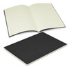 A medium black notebook with lined pages, featuring a soft cover and an open spread displaying blank lines.