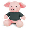 A pink pig plush toy wearing a dark green shirt, featuring soft fur and small, round features.