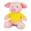 A pink plush pig toy wearing a yellow shirt, featuring large ears and a cute face. It has a logo on the shirt.