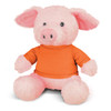 A pink plush pig toy wearing an orange shirt, featuring soft, rounded ears and a cute facial expression.