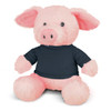 A soft pink pig plush toy wearing a navy blue shirt, featuring black button eyes and a cute snout.