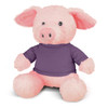 A pink pig plush toy with a purple shirt, featuring large ears, a round snout, and soft, fluffy texture.