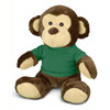 A plush toy monkey with brown fur and a green shirt, featuring a friendly face and big ears.