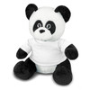 A plush panda toy with black and white fur, wearing a white shirt and featuring a logo on its chest.