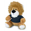 A lion plush toy with a fluffy mane and a navy blue shirt, featuring soft brown and white colours.