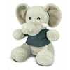 A plush elephant toy in light grey with a dark green shirt, featuring large ears and a friendly expression.