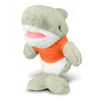 A plush shark toy in green with a white belly, wearing an orange shirt, featuring a logo on its chest.