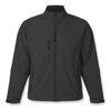 A softshell jacket in black with multiple zippered pockets and a high collar. It features a logo.