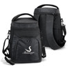A black cooler backpack featuring a top handle, adjustable strap, and mesh pockets, with a logo on the front.