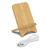A bamboo wireless charging stand in a natural finish, featuring a cable and a simple strap for device support.