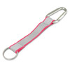A reflector key ring with a silver carabiner and a grey strap, bordered in bright pink.