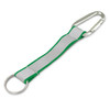 A green and grey reflector key ring with a carabiner and metal ring attachment.