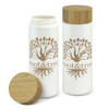 A drink bottle features a white ceramic body and a bamboo lid, adorned with a tree logo.
