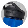 A drink bottle with a blue body and a black lid, featuring a logo on the lid.