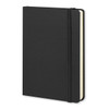 A black hard cover notebook with an elastic closure, featuring blank pages and a textured finish.