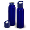 A drink bottle in a vibrant blue colour, featuring a screw cap and a removable lid with a handle.