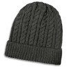 A dark grey knitted beanie featuring a cable knit design and a ribbed cuff. It includes a logo.