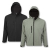 Two men's softshell jackets are displayed: one in black and the other in grey, both featuring hoods and zippered pockets.