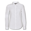 A white long sleeve button-up shirt with a collared neckline and a branding logo.