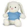 A soft white rabbit plush toy wearing a blue shirt, seated with its legs outstretched.