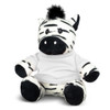A plush zebra toy with black and white stripes, wearing a white shirt, featuring a black tuft on its head.
