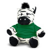 A plush zebra toy in black and white, wearing a green sweater. The toy has a cheerful expression and a tuft of hair.
