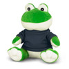 A green frog plush toy with a navy blue shirt, featuring large eyes and a friendly face, sitting down.