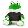 A green plush frog toy wearing a black shirt, sitting with a friendly expression. Features a branding logo.