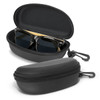 A pair of black Maverick sunglasses inside a black hard case, featuring a logo on the case's exterior.