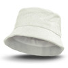 A light grey corduroy bucket hat featuring a logo, with a soft, textured fabric and a wide brim.