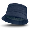 A navy corduroy bucket hat with a soft interior and a wide brim, featuring a logo.