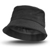 A black corduroy bucket hat with a textured surface and an inner lining, featuring a branding logo.