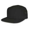 A dark grey flat cap with a structured design and side ventilation eyelets, featuring a logo on the front.