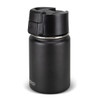 A drink bottle in matte black with a secure lid and a logo at the base. Ideal for keeping beverages hot or cold.
