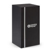 A drink bottle box in sleek black with a subtle white stripe and a logo. The design is modern and minimalist.