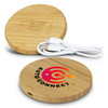 A round bamboo wireless charger in natural colour, featuring a logo and accompanied by a charging cable.