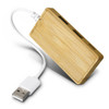 A bamboo USB hub featuring a white cable, with multiple ports for connectivity. It has a sleek, natural wood finish.