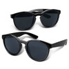 A pair of black sunglasses with dark lenses, featuring a sleek design and a logo on the arm.