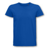 A blue organic cotton t-shirt with a classic crew neck and short sleeves. It features a logo on the label.