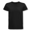 A black organic T-shirt with a classic crew neck design and short sleeves, featuring a logo.