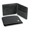 A black Swiss Peak anti-skimming wallet with multiple card slots and an interior compartment. Features a logo.
