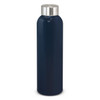 A drink bottle in a dark blue finish with a silver stainless steel lid and a sleek, cylindrical design.