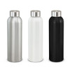 A drink bottle trio featuring aluminium in silver, white, and black, each with a stainless steel cap and a logo.