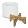 A white planter with a bamboo base sits beside it, featuring a simple, modern design.