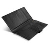 A black leather passport wallet featuring multiple card slots and a secure closure. It has a textured finish and a logo.