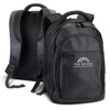 A black laptop backpack with padded back and adjustable straps, featuring a logo on the front.
